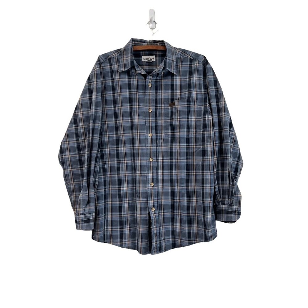 Carhartt Mens Blue Orange Plaid Long Sleeve Casual Button Shirt Size Medium